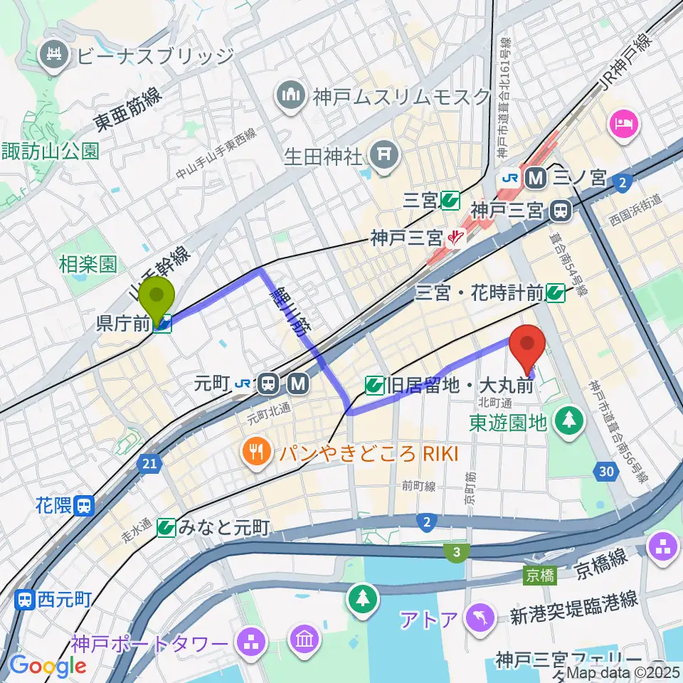 県庁前駅から神戸市立中央区文化センターへのルートマップ地図