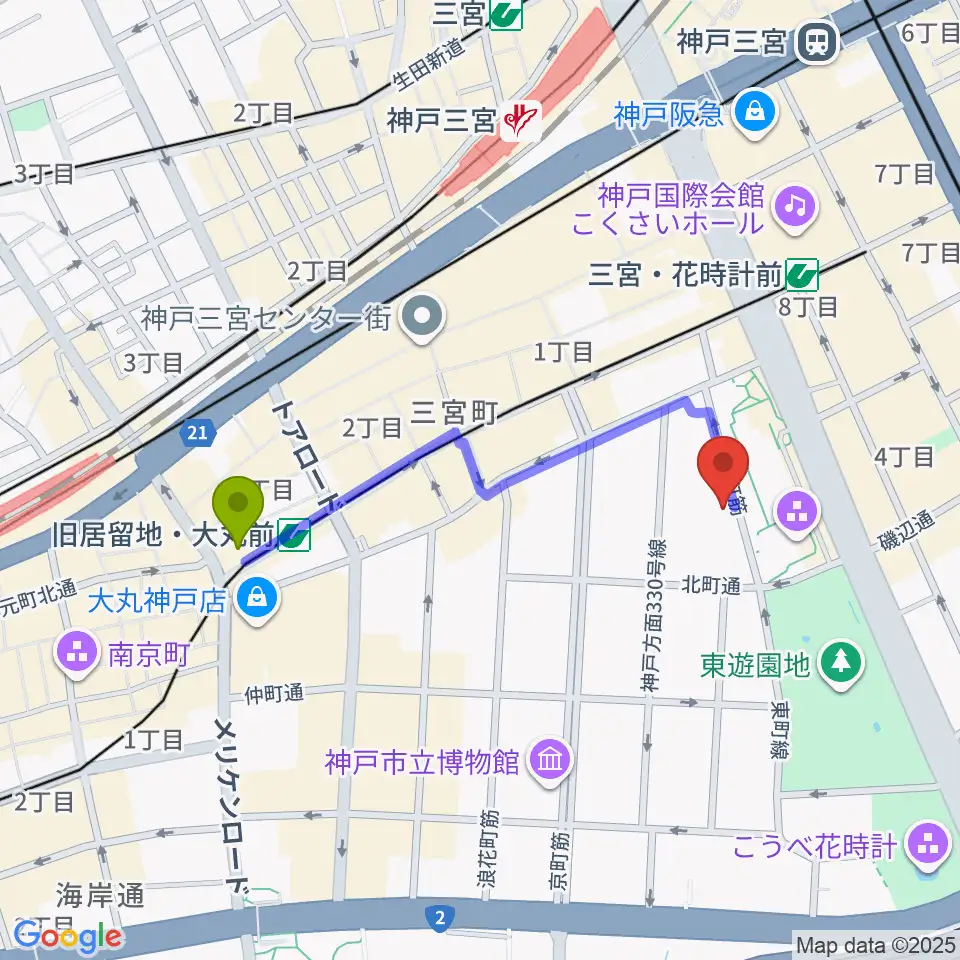 旧居留地・大丸前駅から神戸市立中央区文化センターへのルートマップ MDATA