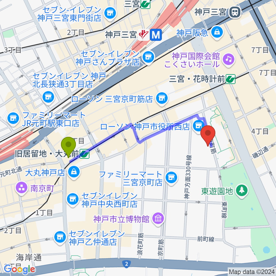 旧居留地・大丸前駅から神戸市立中央区文化センターへのルートマップ地図