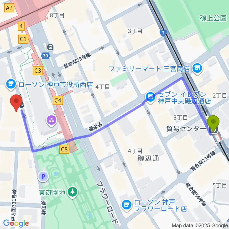 神戸市立中央区文化センターの最寄駅貿易センター駅からの徒歩ルート（約7分）地図