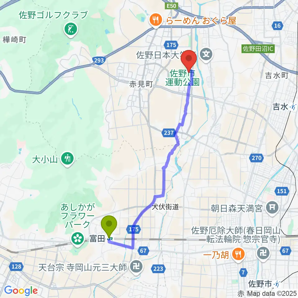 富田駅から佐野エイジェック野球場へのルートマップ地図