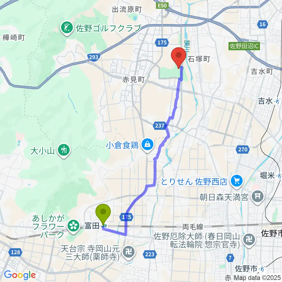 富田駅から佐野エイジェック野球場へのルートマップ地図
