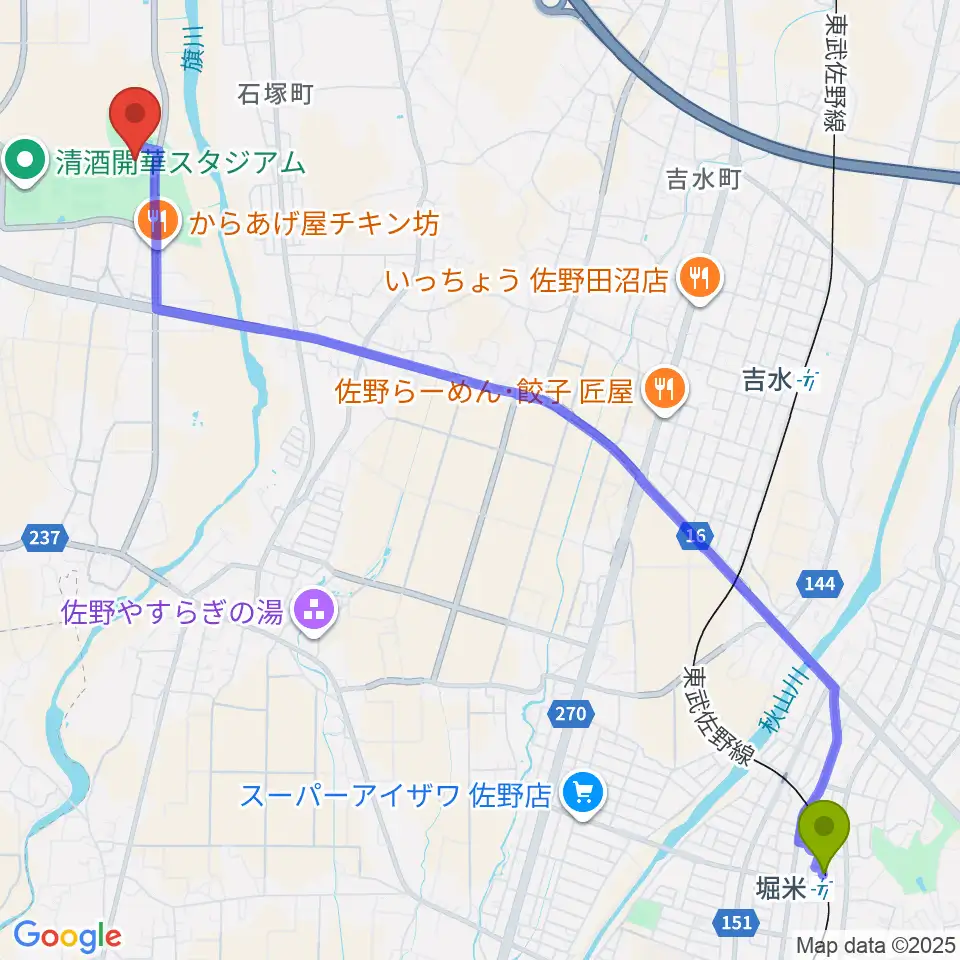 堀米駅から佐野エイジェック野球場へのルートマップ地図