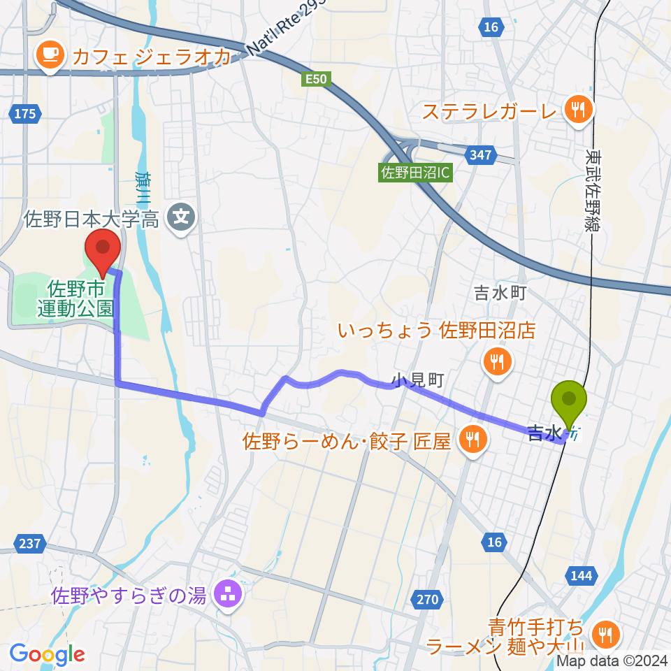 佐野エイジェック野球場の最寄駅吉水駅からの徒歩ルート（約45分）地図