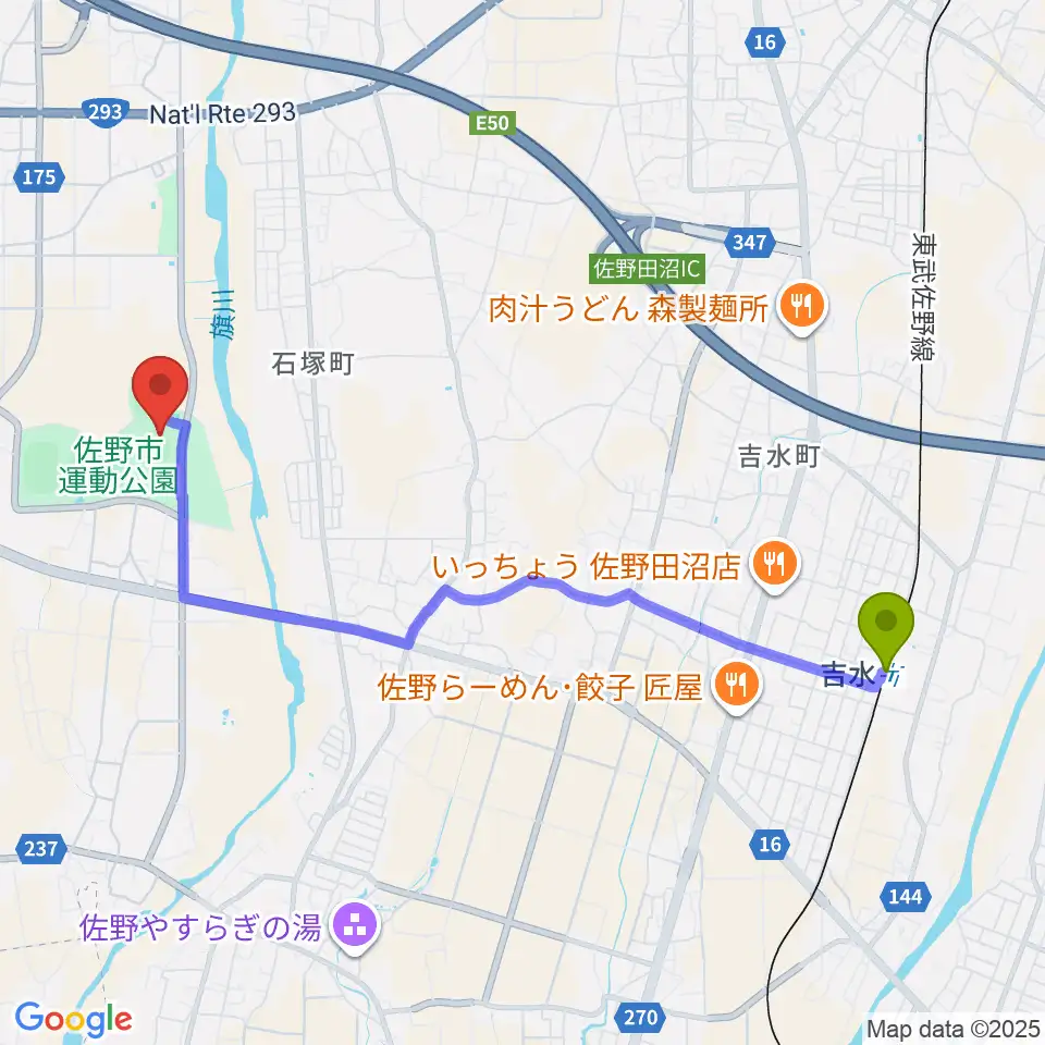 佐野エイジェック野球場の最寄駅吉水駅からの徒歩ルート（約45分）地図