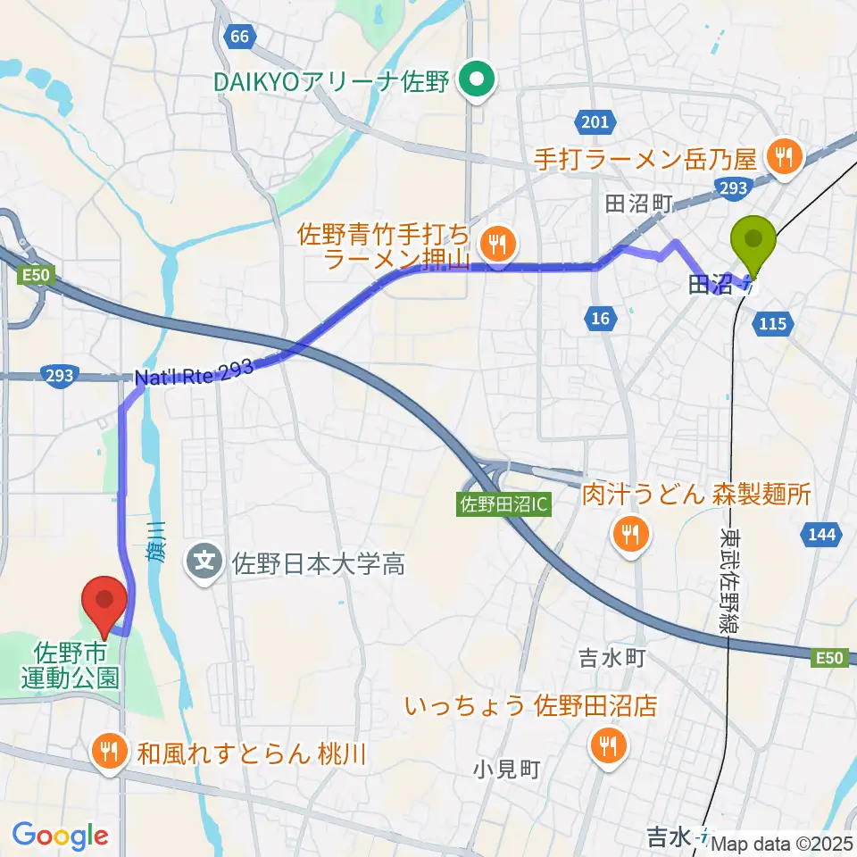 田沼駅から佐野エイジェック野球場へのルートマップ地図