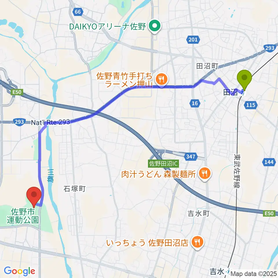 田沼駅から佐野エイジェック野球場へのルートマップ地図