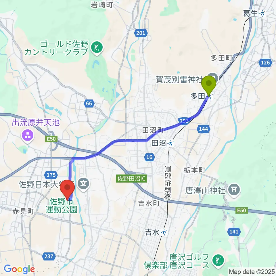 多田駅から佐野エイジェック野球場へのルートマップ地図