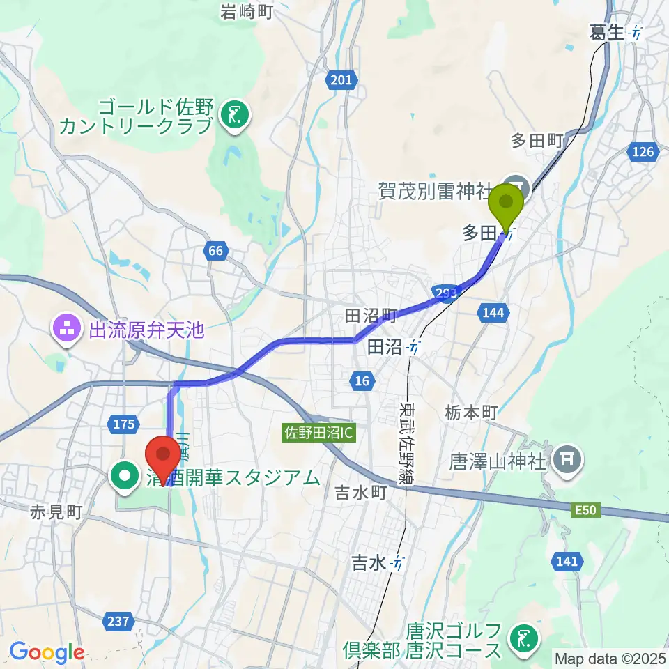 多田駅から佐野エイジェック野球場へのルートマップ地図