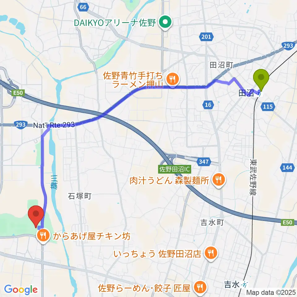 田沼駅から花・花薬局さの体育館へのルートマップ地図