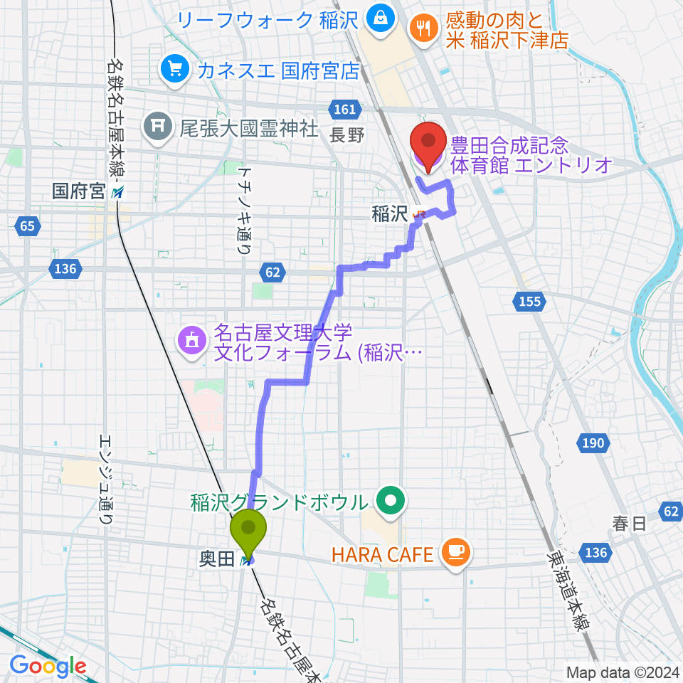 奥田駅から豊田合成記念体育館エントリオへのルートマップ地図