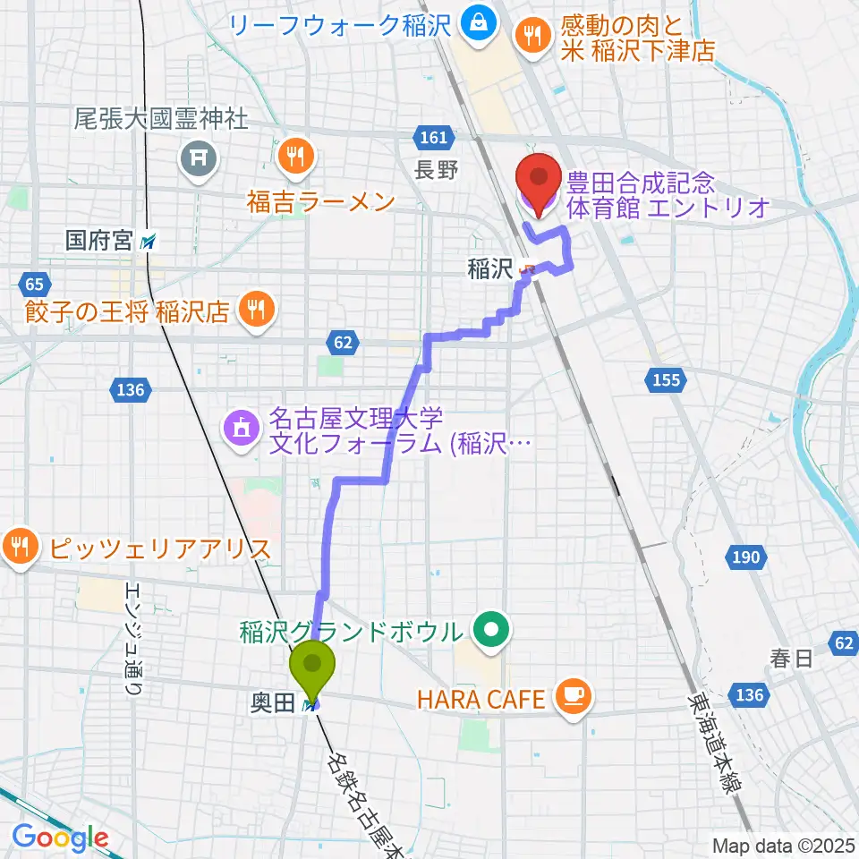 奥田駅から豊田合成記念体育館エントリオへのルートマップ地図