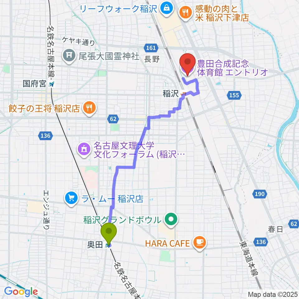奥田駅から豊田合成記念体育館エントリオへのルートマップ地図