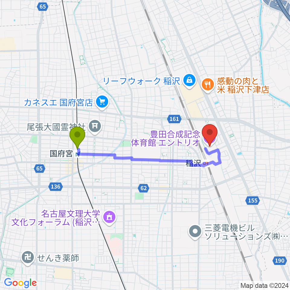 国府宮駅から豊田合成記念体育館エントリオへのルートマップ地図