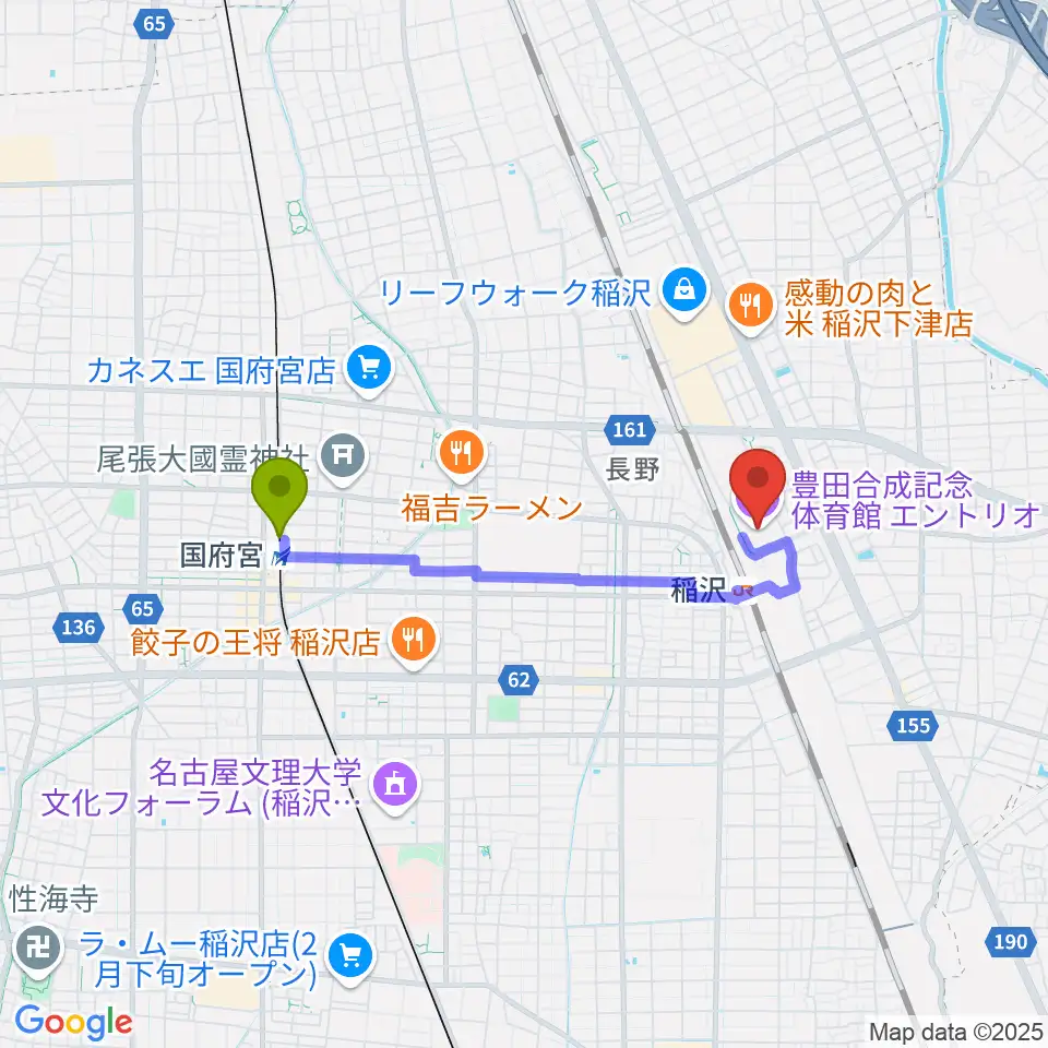 国府宮駅から豊田合成記念体育館エントリオへのルートマップ地図