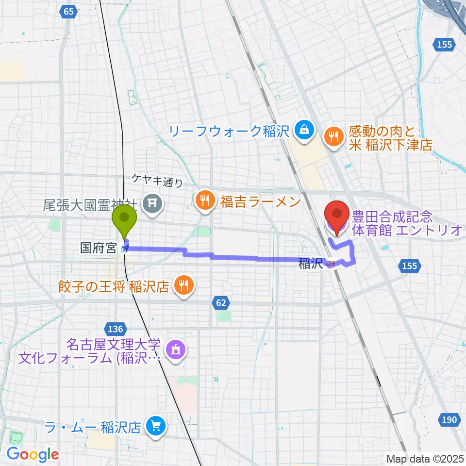 国府宮駅から豊田合成記念体育館エントリオへのルートマップ地図