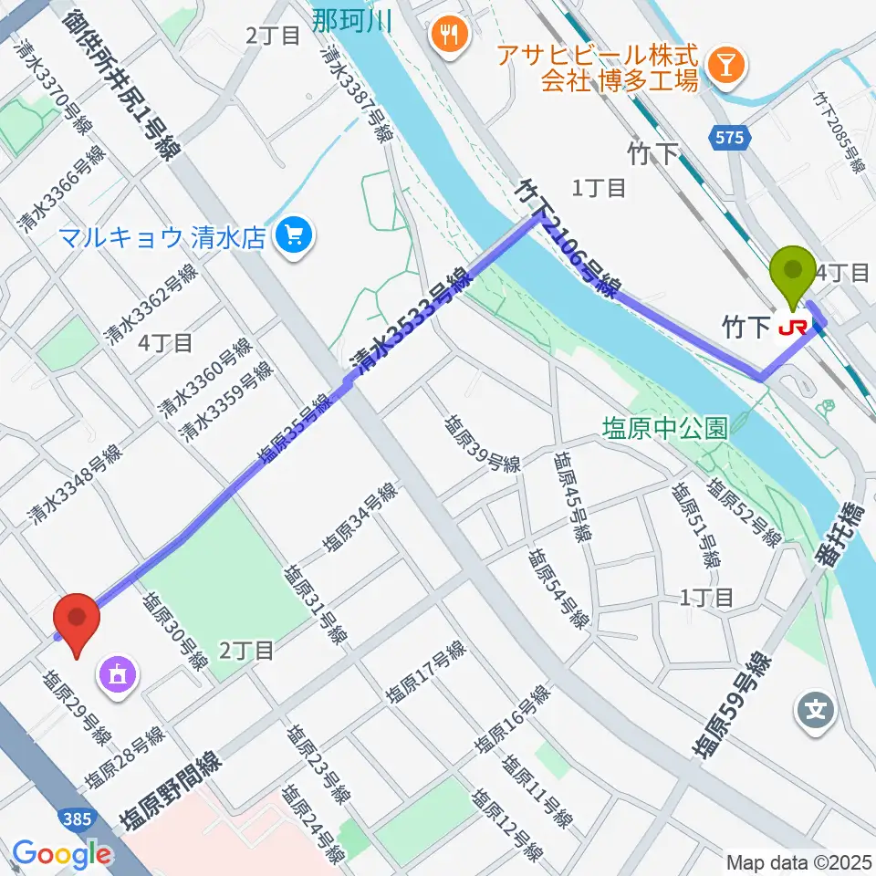 竹下駅から塩原音楽・演劇練習場へのルートマップ地図