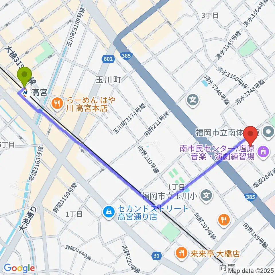 高宮駅から塩原音楽・演劇練習場へのルートマップ地図