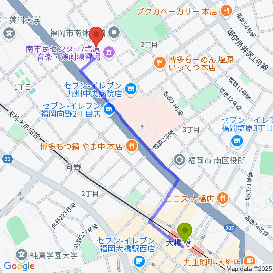 塩原音楽・演劇練習場の最寄駅大橋駅からの徒歩ルート（約13分）地図