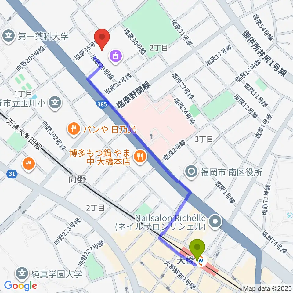 塩原音楽・演劇練習場の最寄駅大橋駅からの徒歩ルート（約13分）地図
