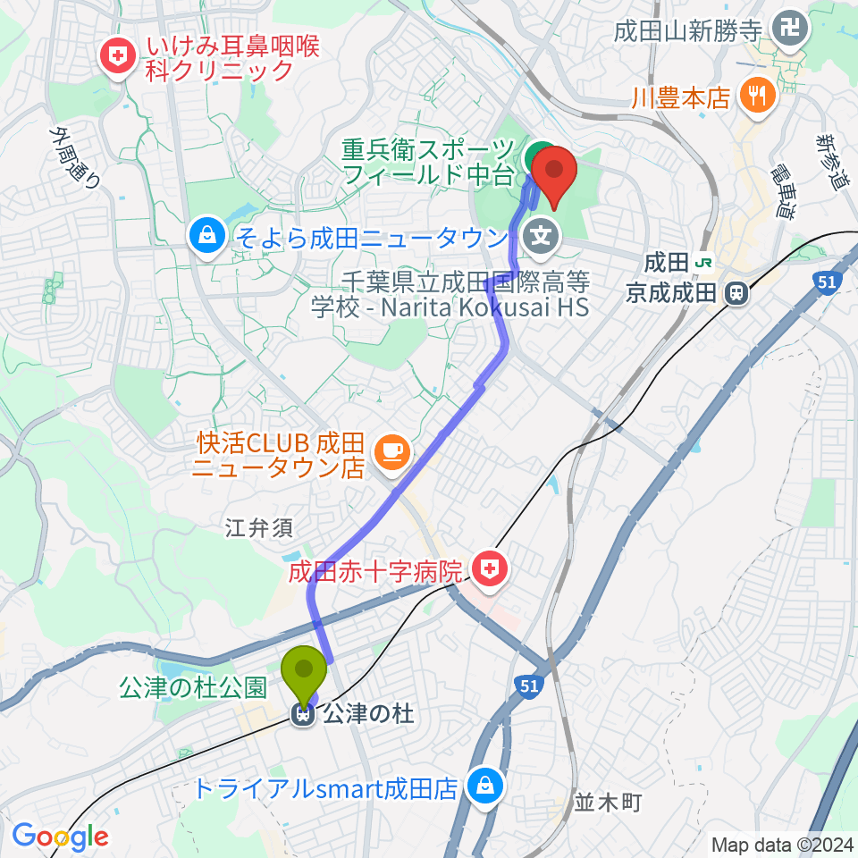 公津の杜駅から重兵衛スポーツフィールド中台陸上競技場へのルートマップ地図