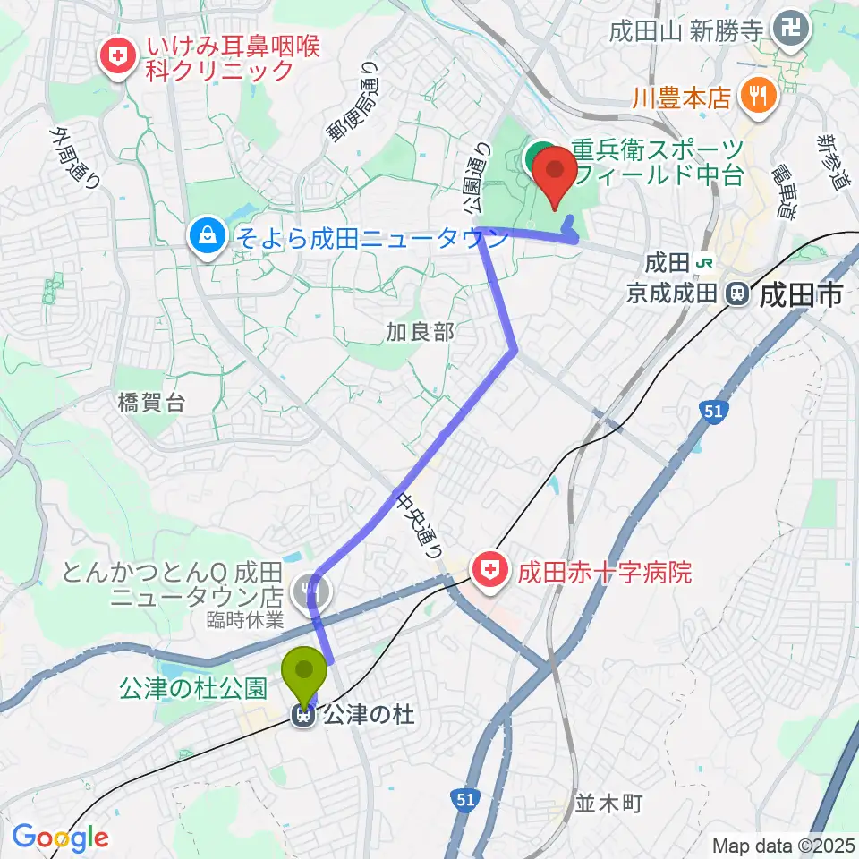 公津の杜駅から重兵衛スポーツフィールド中台陸上競技場へのルートマップ地図