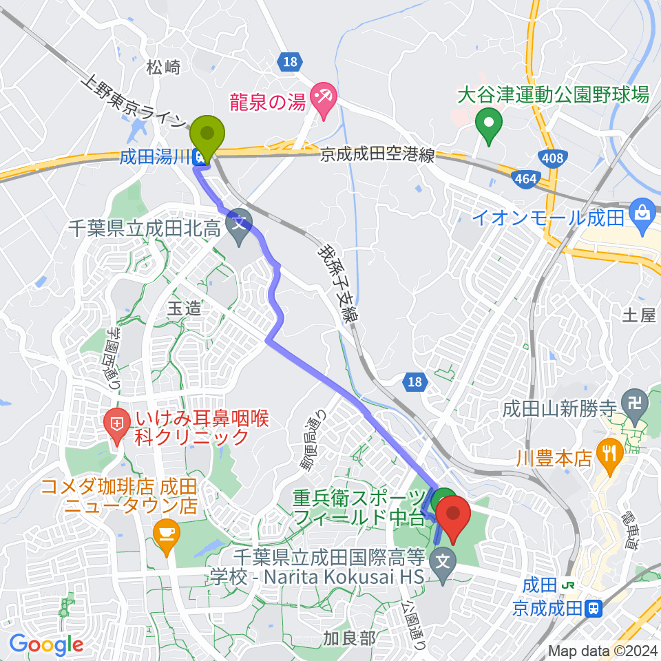 成田湯川駅から重兵衛スポーツフィールド中台陸上競技場へのルートマップ地図