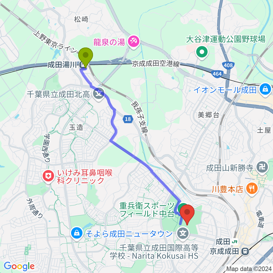 成田湯川駅から重兵衛スポーツフィールド中台陸上競技場へのルートマップ地図