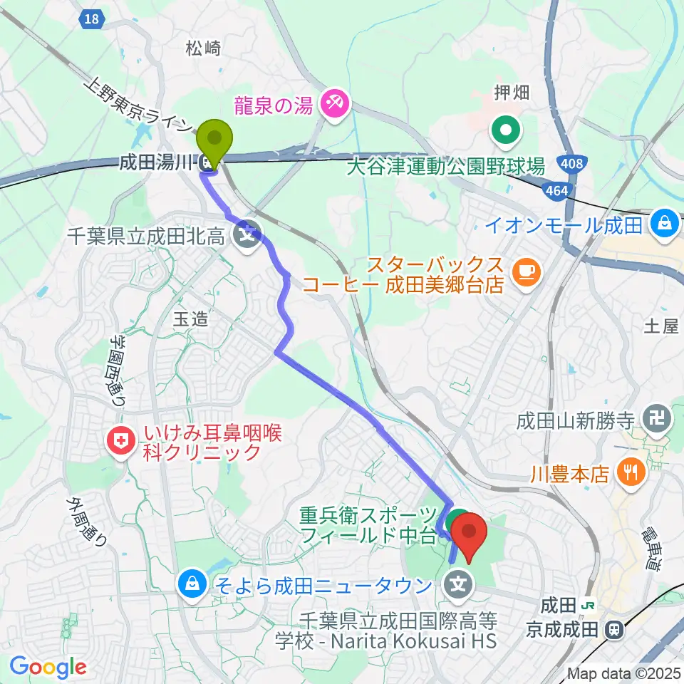 成田湯川駅から重兵衛スポーツフィールド中台陸上競技場へのルートマップ地図