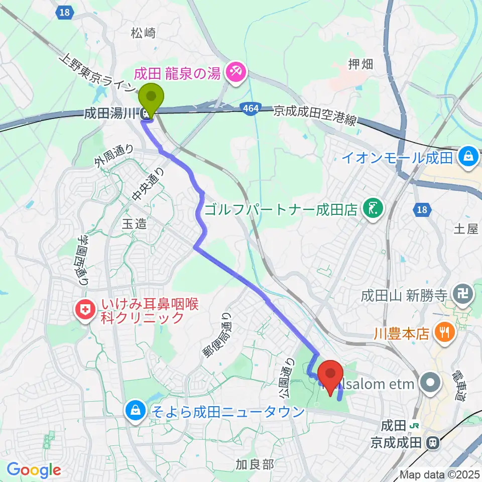 成田湯川駅から重兵衛スポーツフィールド中台陸上競技場へのルートマップ地図