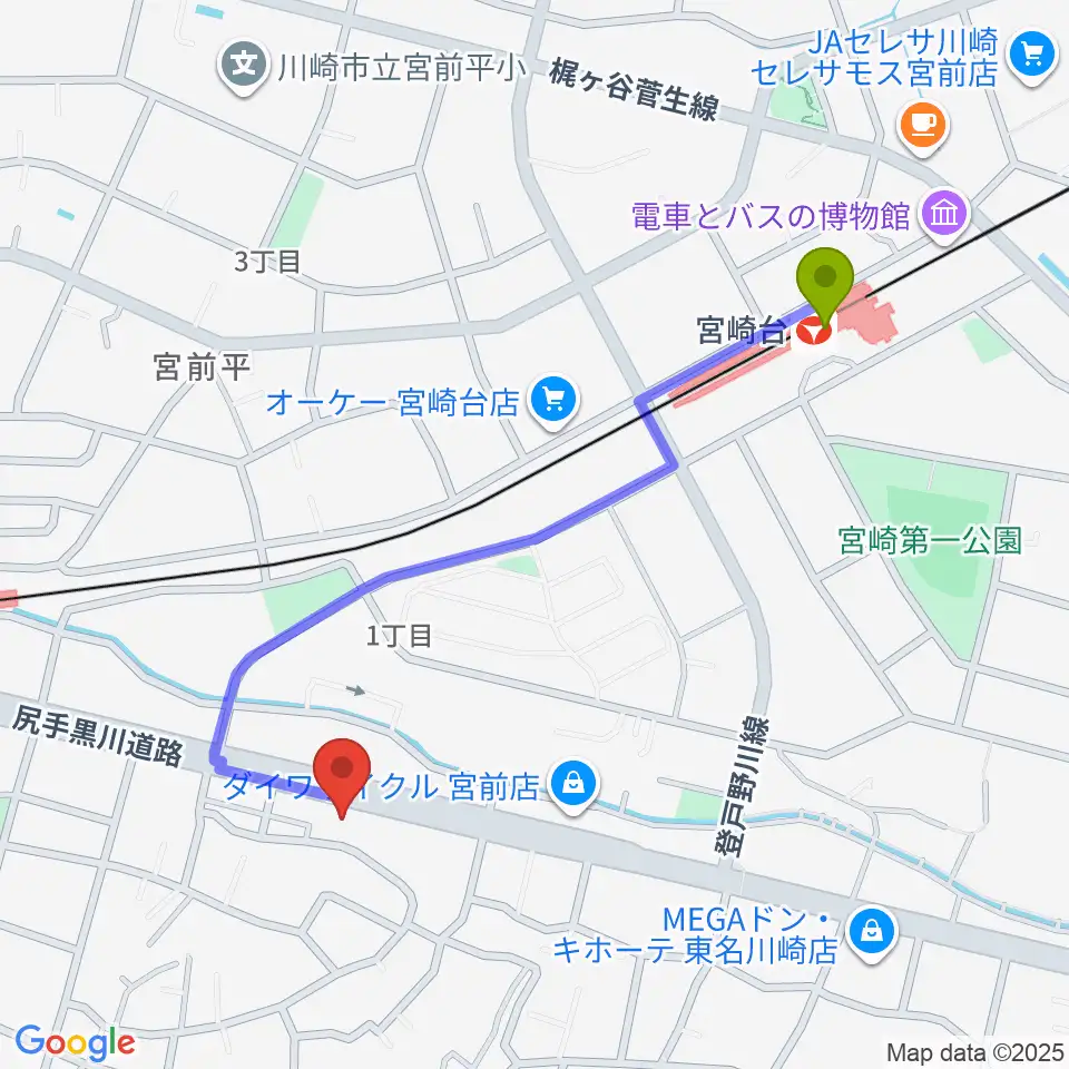 宮崎台駅からクラウドナインスタジオ 宮前平店へのルートマップ地図