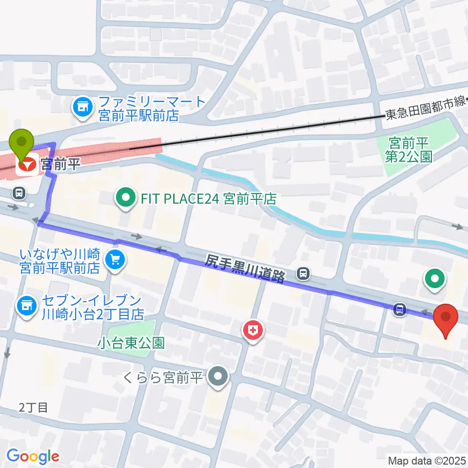クラウドナインスタジオ 宮前平店の最寄駅宮前平駅からの徒歩ルート（約8分）地図