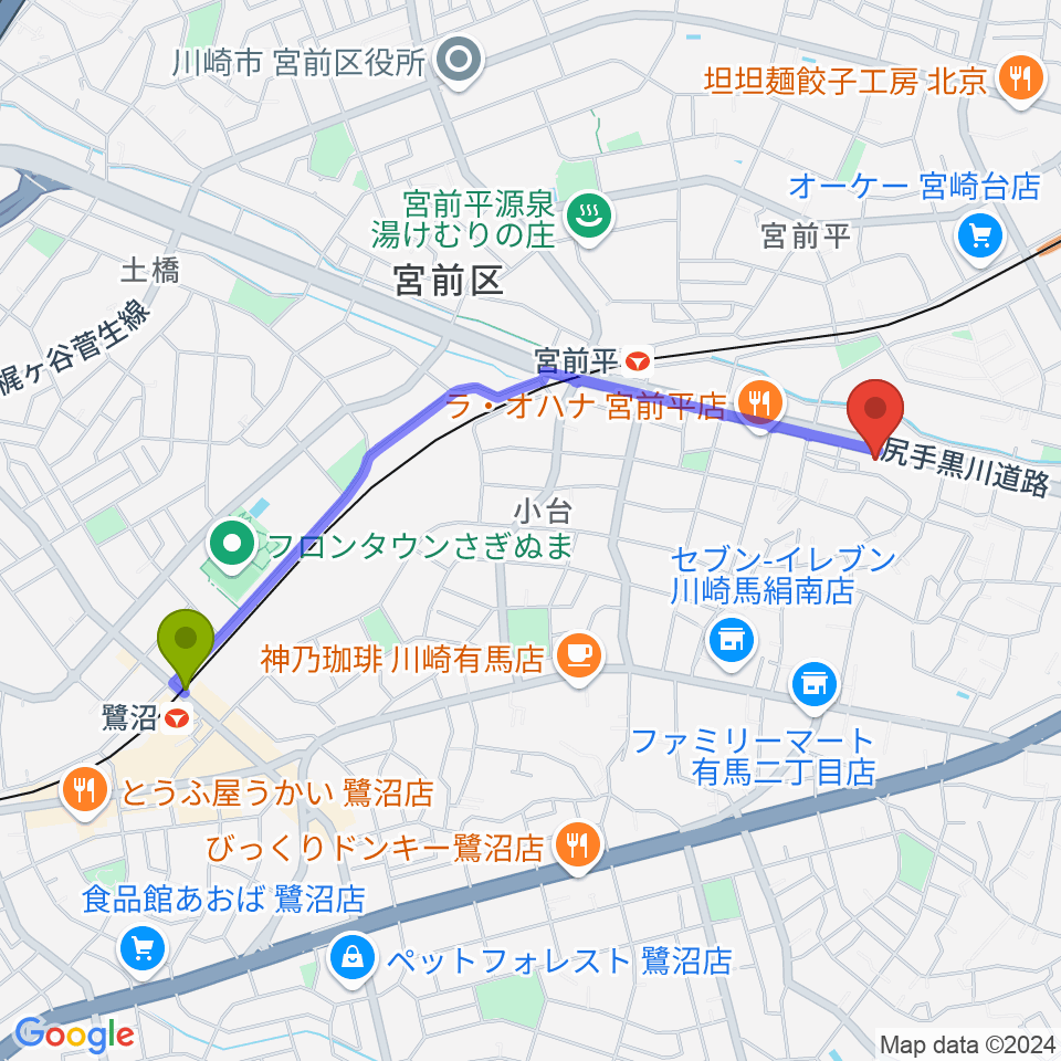 鷺沼駅からクラウドナインスタジオ 宮前平店へのルートマップ地図