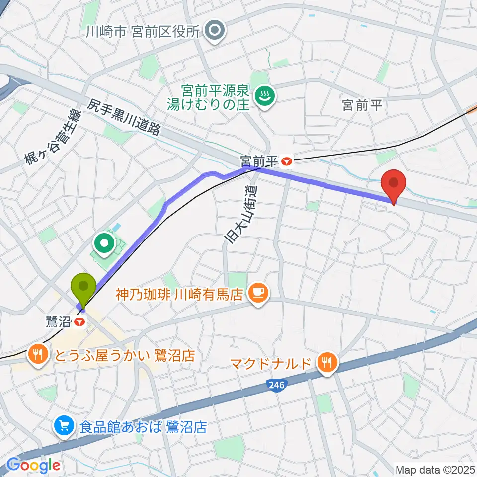 鷺沼駅からクラウドナインスタジオ 宮前平店へのルートマップ地図