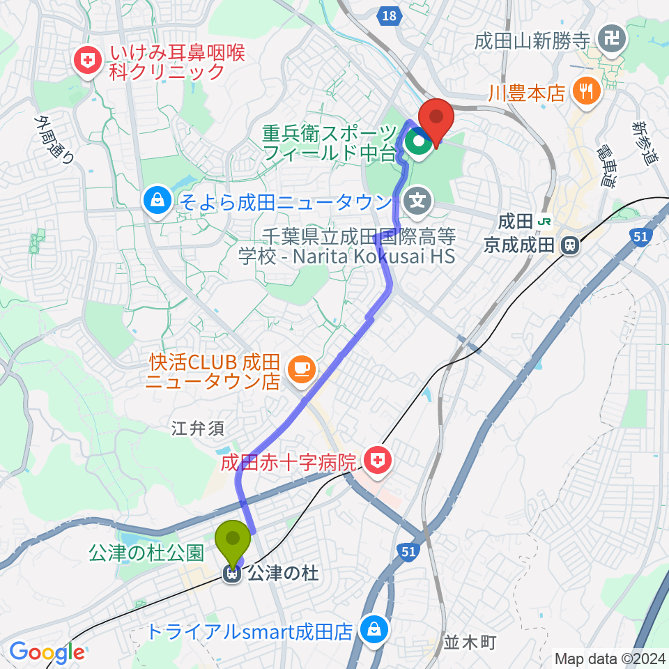 公津の杜駅から重兵衛スポーツフィールド中台体育館へのルートマップ地図