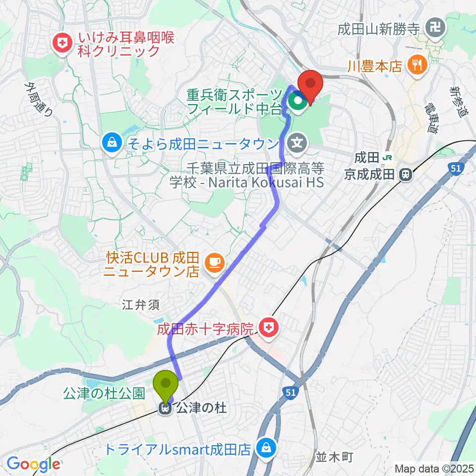 公津の杜駅から重兵衛スポーツフィールド中台体育館へのルートマップ地図