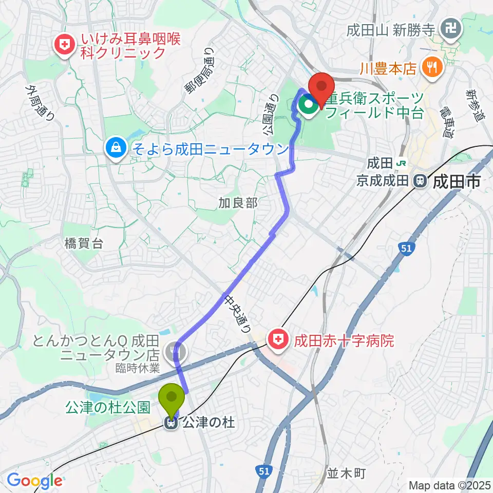 公津の杜駅から重兵衛スポーツフィールド中台体育館へのルートマップ地図