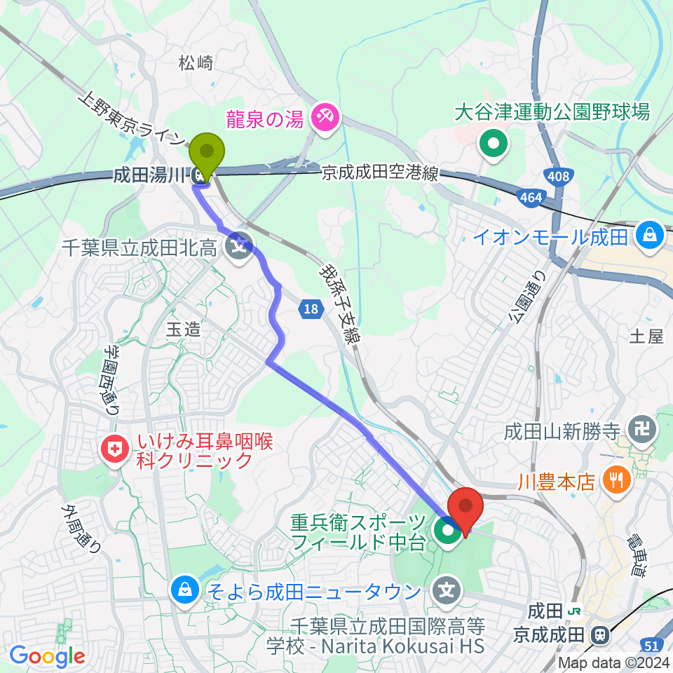 成田湯川駅から重兵衛スポーツフィールド中台体育館へのルートマップ地図