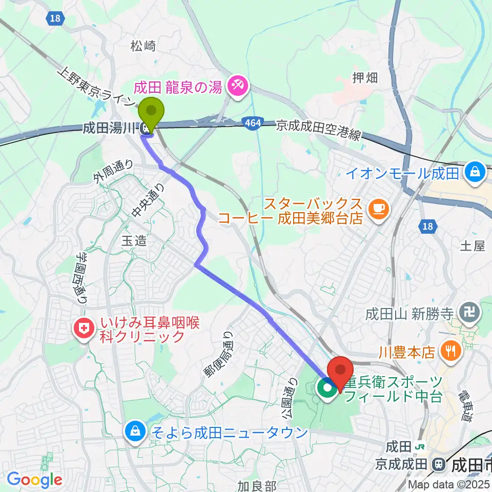 成田湯川駅から重兵衛スポーツフィールド中台体育館へのルートマップ地図