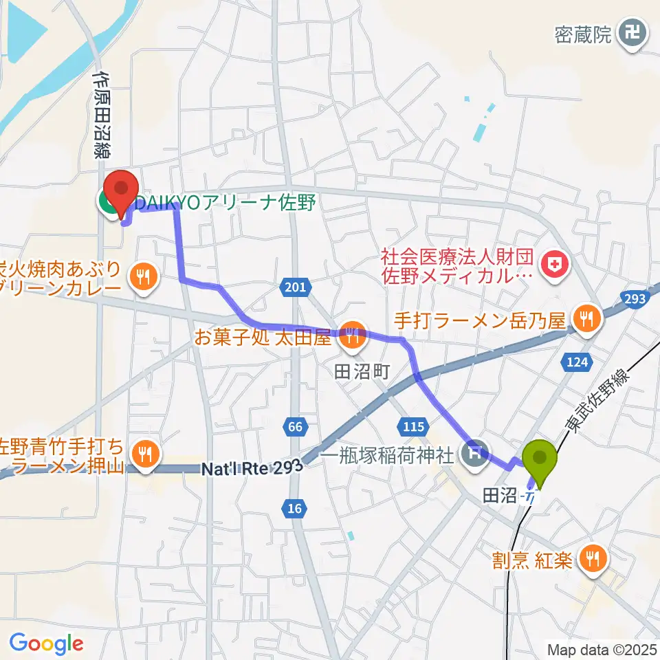 DAIKYOアリーナ佐野の最寄駅田沼駅からの徒歩ルート（約23分）地図