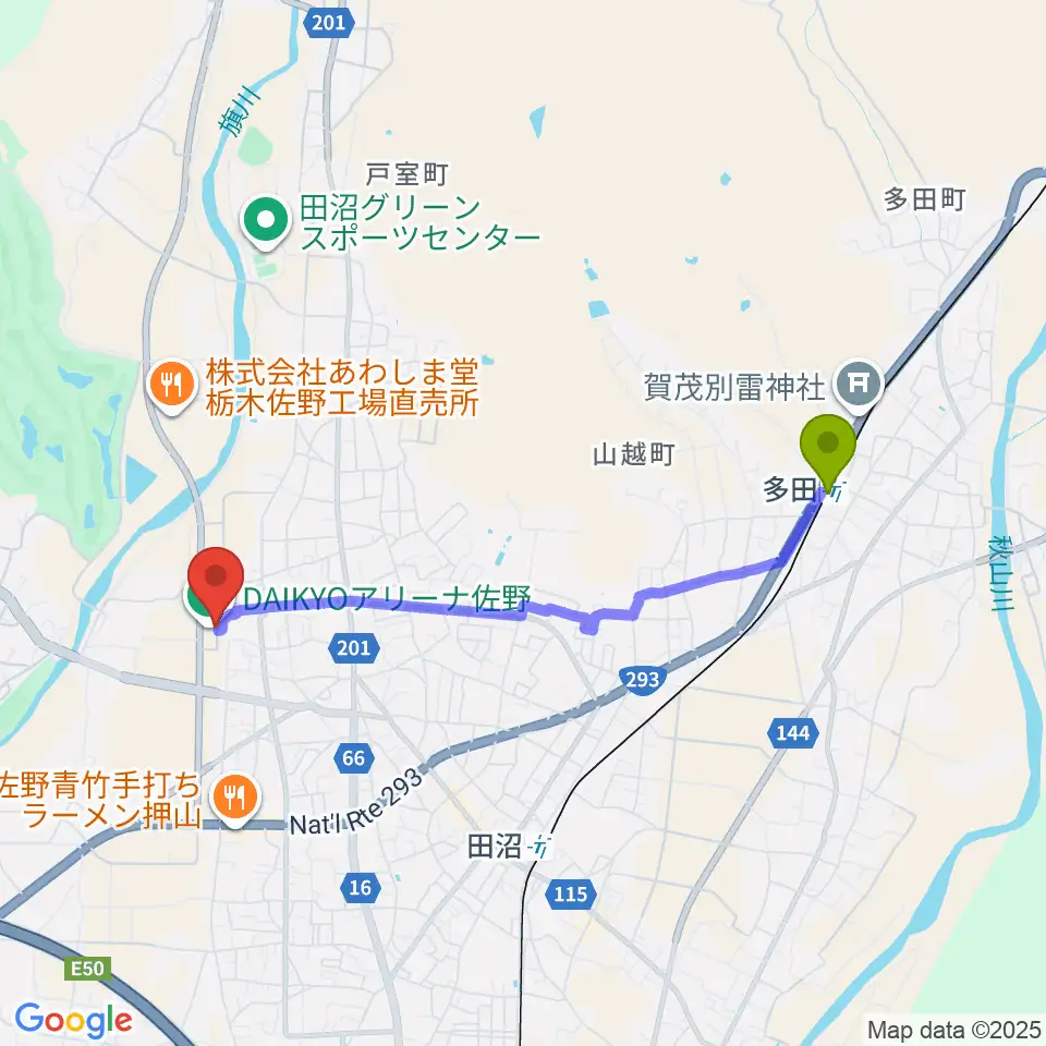 多田駅からDAIKYOアリーナ佐野へのルートマップ地図