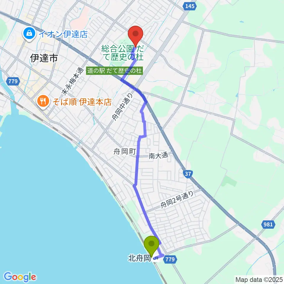 北舟岡駅から伊達市総合体育館あかつきへのルートマップ地図