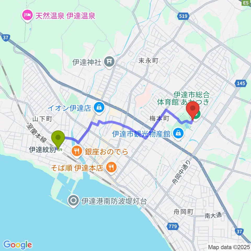 伊達市温水プール・トレーニング室の最寄駅伊達紋別駅からの徒歩ルート（約31分）地図