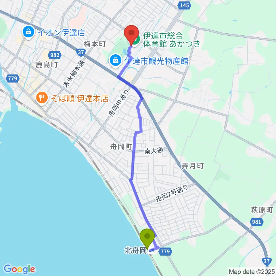 北舟岡駅から伊達市温水プール・トレーニング室へのルートマップ地図