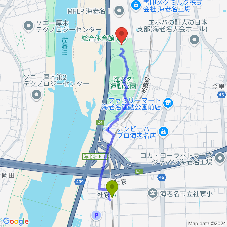 海老名運動公園総合体育館の最寄駅社家駅からの徒歩ルート（約21分）地図