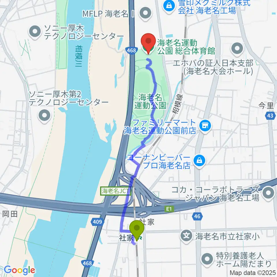 海老名運動公園総合体育館の最寄駅社家駅からの徒歩ルート（約21分）地図