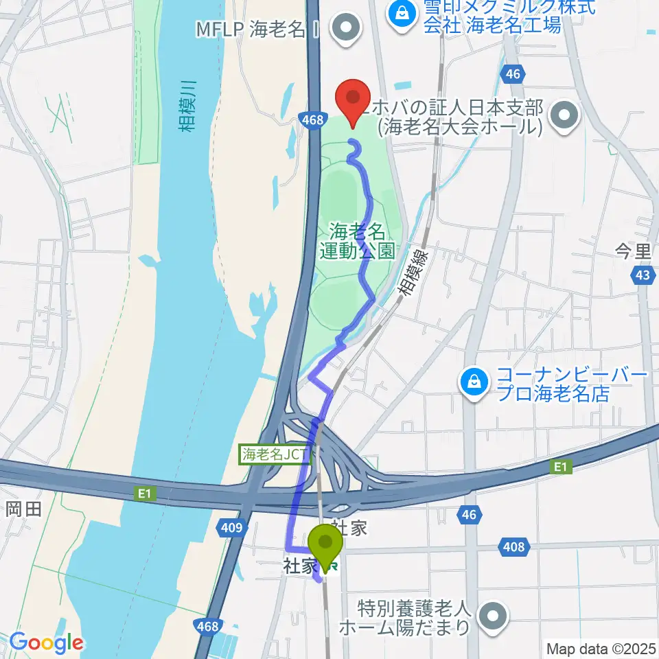 海老名運動公園総合体育館の最寄駅社家駅からの徒歩ルート（約21分）地図