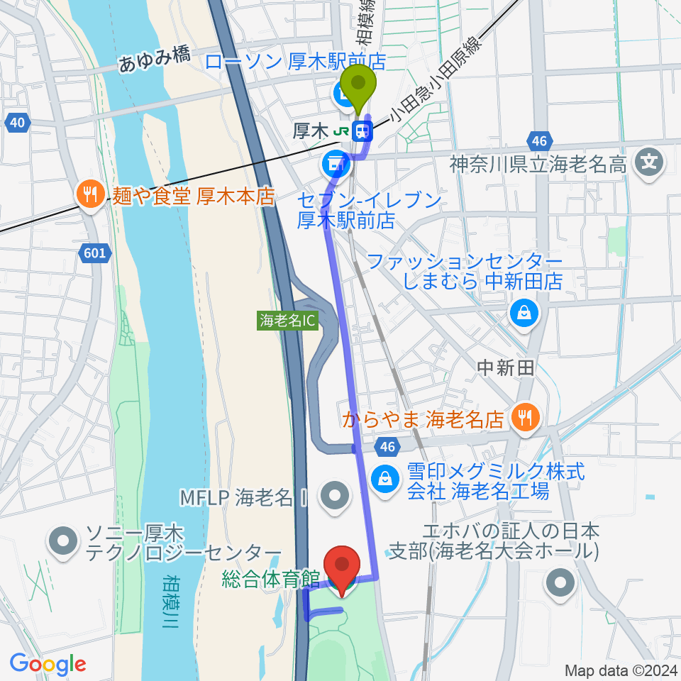 厚木駅から海老名運動公園総合体育館へのルートマップ地図