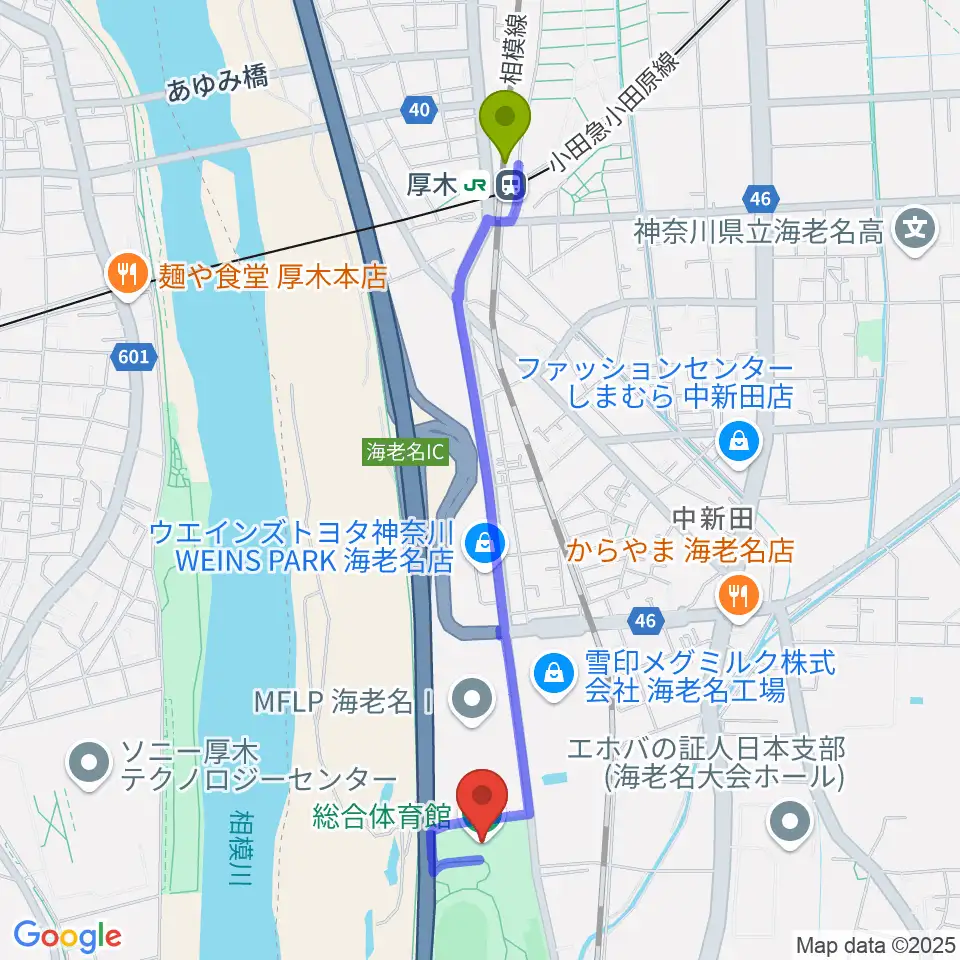 厚木駅から海老名運動公園総合体育館へのルートマップ地図