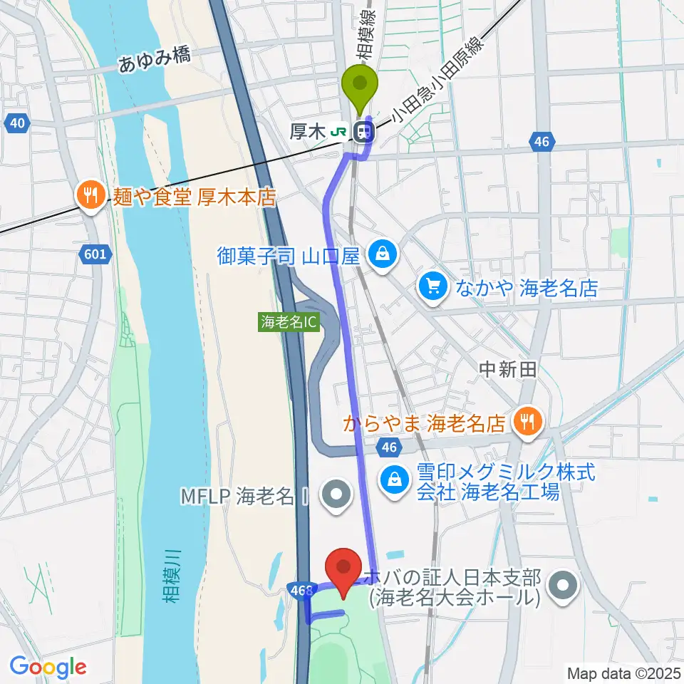 厚木駅から海老名運動公園総合体育館へのルートマップ地図